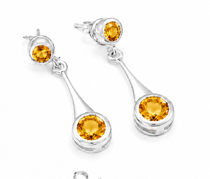 Citrine <b>Sterling</b> <b>Silver</b> <b>Stud</b> Drop Earrings, Round Citrine 925 <b>Silver</b> Dangle Earrings, November Birthstone Gift for Her - Product Image 2