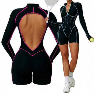 Conjunto de yoga acanalado sin costuras transpirable para mujer, 2 piezas: sujetador deportivo tipo racerback y shorts de ciclista de cintura alta con bloques de color, Spandex/Nylon - Product Image 6