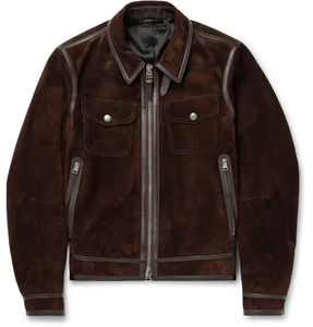 Brown <b>Suede</b> Motorcycle <b>Jacket</b> With Zipper Closure Turn-down Collar Full Sleeve Regular Fit Autumn Men's Outerwear - Product Image 4