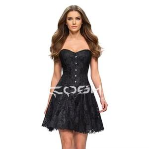 Elegante Vestido Corto de Satén Negro sin Tirantes con Encaje y Corsé con Varillas de Acero para Mujer, Vestido de Fiesta/Cóctel con Corte en A - Product Image 1