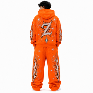 Ensemble de survêtement graphique 2 pièces orange pour homme, personnalisé, avec sweat à capuche oversize et pantalon de survêtement baggy à poche kangourou, style streetwear, vente en gros - Product Image 2