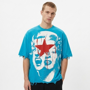 T-shirt vintage vieilli à col rond, streetwear, coupe oversize, imprimé personnalisé, manches courtes, en coton tricoté, épaules tombantes, style urbain - Product Image 6