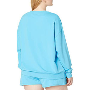 Ensemble sweat-shirt et short oversize cyan uni à col rond pour femme, manches longues, style décontracté streetwear et sportswear, vente en gros OEM ODM - Product Image 2