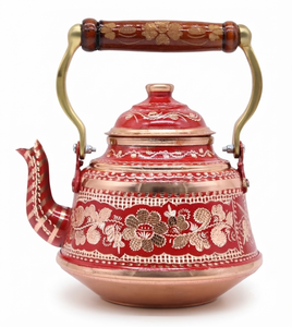 Bouilloire à thé en cuivre rouge peinte à la main, théière turque vintage, poignée en laiton gravée de motifs floraux, chauffe-eau pour cuisinière, cafetière et théière - Product Image 1