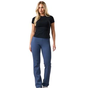 Women's Steel Blue Rib <b>Flared</b> <b>Legging</b> High Rise Stretch Yoga Pants Sculpting Fitness Trousers Activewear Gymwear Wear - Product Image 1