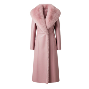 Manteau long unisexe élégant et décontracté en cuir véritable épais, col montant, ourlet en fourrure de renard, hiver, manches longues, couleur unie, coupe-vent - Product Image 2
