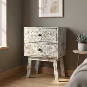 Vintage Distressed Wooden Two Drawer <b>Bedside</b> <b>Table</b> Rustic Nightstand Bedroom Storage Side <b>Table</b> Farmhouse Home Furniture - Product Image 5