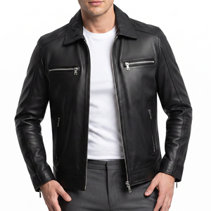 Blouson en cuir pour homme, style motard, boutonné, col montant, veste en cuir tendance pour homme - Product Image 5