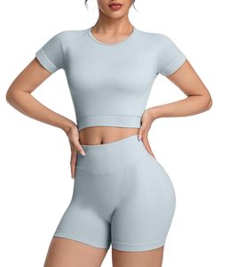 <b>Womens</b> Workout Sets 2 Piece Solid Summer Casual Outfits Scrunch Butt Shorts Crew Neck T-shirt Matching Set For Gym Running Yoga - Product Image 2