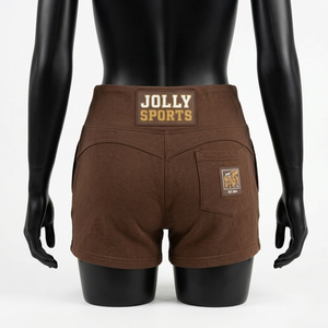 กางเกงขาสั้นผู้หญิงพรีเมียม 300 GSM ผ้าฝ้ายผสมสแปนเด็กซ์ สีน้ำตาล เอวสูง ผ้าเนื้อยืด รับสกรีนโลโก้ กางเกงขาสั้นสำหรับผู้หญิง - Product Image 1