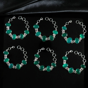 Handmade 925 Sterling Silver Plated Green Chalcedony / Green Onyx Gemstone Multi-<b>Stone</b> Oval Link <b>Bracelet</b> Opaque <b>Stone</b> Jewelry - Product Image 5