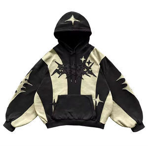 Custom <b>Black</b> Beige Patchwork Pullover Hoodie <b>Men</b> Oversized Embroidered Graphic Heavyweight Fleece Streetwear Hooded Sweatshirts - Product Image 1