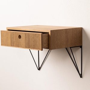 <b>Wall</b> Mounted Nightstand Side Table Acacia Wood Bedside <b>Cabinet</b> With Drawers <b>Metal</b> Hairpin Legs for Bedroom - Product Image 1
