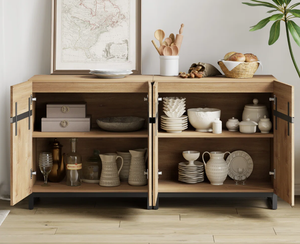 ตู้ไซด์บอร์ดไม้มะม่วงสไตล์โมเดิร์นวินเทจอินดัสเทรียล พร้อมบานประตูเหล็กสองบาน สำหรับใช้ในห้องครัวหรือห้องรับประทานอาหารที่บ้าน - Product Image 5