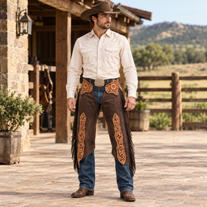 Floral Tooled Western Chinks | Genuine Leather <b>Cowboy</b> Riding <b>Chaps</b> Studded Fringe Ranch Rodeo Equestrian Horse Riding Tack Gear - Product Image 2