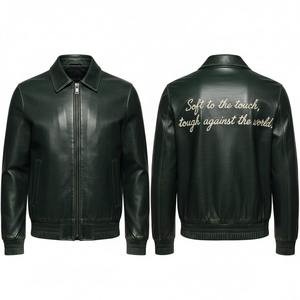 Chaqueta Bomber de Cuero Genuino para Hombre, Verde Oscuro, con Cierre, Cuello Alto, Corte Regular, Estilo Casual de Invierno - Product Image 3