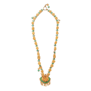 Heritage Gold Plated Pota Stone Beads Temple <b>Long</b> <b>Necklace</b> Set Featuring Natural Turquoise Religious for Weddings-10575504GR - Product Image 2