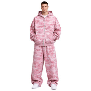 Conjunto de dos piezas de sudadera con capucha oversize de camuflaje con cremallera y joggers de pierna ancha, estampado de camuflaje, personalizable con logo, estilo urbano, corte holgado, ¡superventas! - Product Image 1