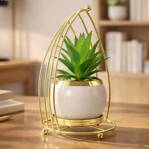 Minimalist Eco-Friendly Durable Black Ceramic Flower Pot with Gold Metal <b>Stand</b> for Indoor Desk <b>Plants</b> - Product Image 5