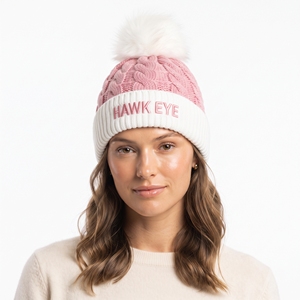 Bonnet en tricot bicolore rose et blanc avec pompon, logo brodé personnalisé, couvre-chef chaud d'hiver unisexe, style streetwear - Product Image 5