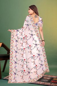 Sari indio de boutique de georgette de visón pesado con bordado multicolor, trabajo de hilo de primera calidad, tradicional para bodas, fiestas, verano e invierno. - Product Image 4