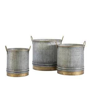 Maceta redonda industrial de metal con asa de latón, superficie texturizada gris, maceta de jardín para exteriores, contenedores metálicos decorativos para patio - Product Image 2