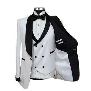 Costume de smoking trois pièces blanc monochrome pour homme, revers châle noir bicolore, blazer pour bal de promo, tenue de soirée, costumes de marié - Product Image 2