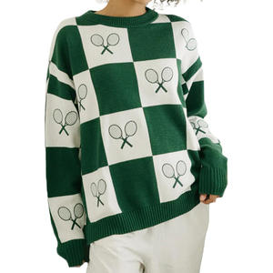 Suéter de Mujer Personalizado al por Mayor, 100% Algodón, Bordado, para Tenis o Golf, Cuello Redondo, Tejido de Punto de Alta Calidad 12GG, Diseño a Cuadros, OEM - Product Image 1