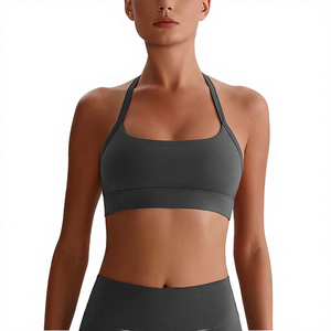 Women <b>Halter</b> <b>Neck</b> Yoga Sports <b>Bra</b> Breathable Quick Dry High Support Front Logo Spandex/Nylon Fabric Fitness Activewear - Product Image 3