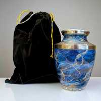 Urne funéraire artisanale en métal bleu avec bordure argentée, ronde, faite à la main, style luxe, pour cadeau de condoléances