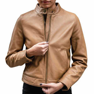 Premium Women's <b>Sheep</b> <b>Skin</b> Leather Moto Biker Short <b>Jacket</b> in Dark Beige XS Size for Autumn Season - Product Image 2