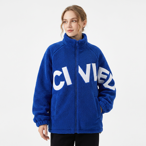 <b>Men</b> <b>Blue</b> Fleece Jacket <b>Men's</b> Loose Stand Collar Zipper Winter Casual Thick Sherpa Lined Coat with Pockets Letter Print - Product Image 3