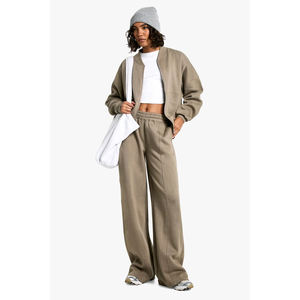 Conjunto de 2 piezas de sudadera y pantalones deportivos para mujer, personalizado al por mayor, informal, con cremallera, de color liso y cómodo. - Product Image 1