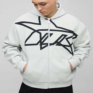 Sweat à capuche zippé gris clair surdimensionné et ample, imprimé étoiles, en coton mélangé respirant pour hommes – Vente en gros, fournisseur personnalisé - Product Image 1