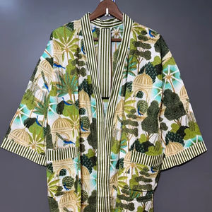 Bata Kimono de Algodón Suave con Estampado de Dibujos Animados para Mujer, Ropa de Estar por Casa de Verano Hecha a Mano, ODM, Cuello en V, Cintura Elástica, Largo hasta la Rodilla, Camisón - Product Image 1