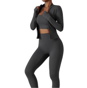 Conjunto de Yoga de Cintura Elástica y Corte Ajustado en Color Sólido para Mujer, Tela Elástica, Conjunto Deportivo de 3 Piezas, Transpirable - Product Image 1