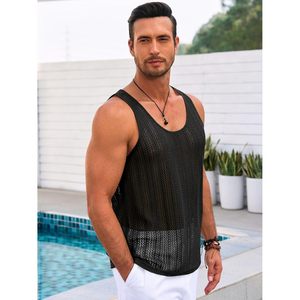 2025เสื้อกล้ามผู้ชายแขนกุดถักโครเชต์เสื้อยืดลายทะลวงมีฮู้ด XL เสื้อยิมมีฮู้ดสำหรับฤดูร้อนชายหาดสไตล์ฮิปปี้ Vibe - Product Image 2