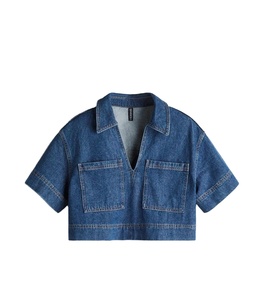 Camisa vaquera de manga corta holgada para mujer con tejido sexy para el verano - Product Image 1