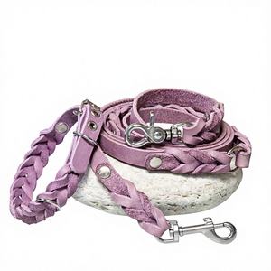 Conjunto de Collar y Correa para Perro de Cuero Trenzado Morado, Collar de Alta Calidad para Perros Galgo y Whippet - Product Image 1