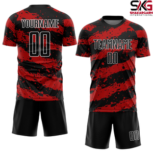 Maillot de football personnalisé rouge et noir effet éclaboussures, 100 % polyester, manches courtes, uniforme d'équipe, séchage rapide, tenue de match - Product Image 1