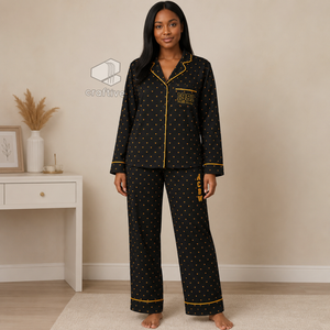 NCBW Sorority Women's <b>Black</b> Heart Print <b>Pajama</b> <b>Set</b> Button Front Long Sleeve Notched Collar Soft Contrast Piping Lounge PJs - Product Image 5