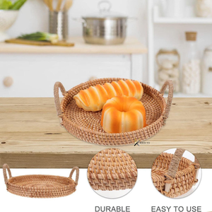 Large Capacity Handmade Bohemian Wicker Rattan Serving <b>Tray</b> with Handles Breakfast/Fruit/Bread Tableware for Home Use - Product Image 3