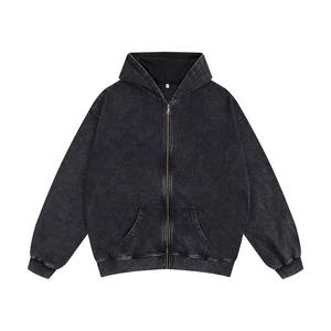 Sudadera con capucha para hombre, extragrande, corta, con cremallera, de doble capa, con efecto desgastado, teñida con efecto ácido, rosa, con cremallera, en blanco, con acabado desgastado y rotos - Product Image 4