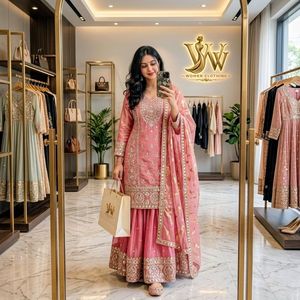 Designer Beautiful Embroidery Sequence Work Fandy Silk <b>Top</b> With Sharara Bottom And Dupatta Fully Stitched Ready To Wear Set - Product Image 1