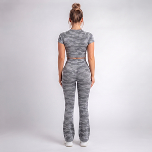 <b>Women</b> Camo Printed Short Sleeve Flare Yoga Set Gym Fitness <b>Crop</b> Top Polyester Flare <b>Leggings</b> Ladies Crew Neck Long Gym Set - Product Image 2