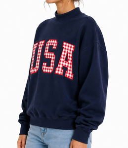 Sudadera Oversize Personalizada para Mujer con Cuello Alto, 100% Algodón, Aplique de Letra Griega y Bordado a Cuadros, Suéter de Invierno - Product Image 4
