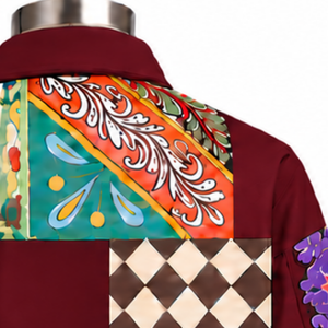 Chaqueta de trabajo color granate con mosaico, estampado floral decorativo, abotonada, informal, de manga larga, estilo urbano, moda, venta al por mayor - Product Image 6