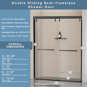44-48 dentro. W X 76 In. H doppia porta scorrevole Semi-Frameless 5/16 \ "(8mm) trasparente vetro temperato pellicola antideflagrante opaca - Product Image 2