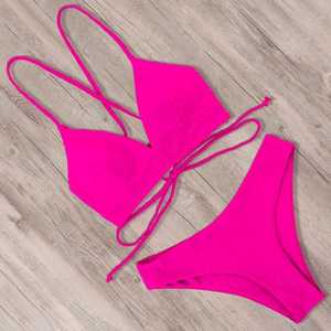 Women's Pink Bikini Set Crossed Halter Top Tie Side Bottom <b>Thong</b> Swimwear Stretch Spandex Polyester Solid Color - Product Image 1
