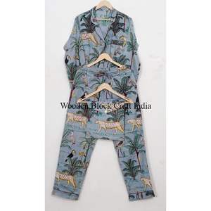 Pyjama en coton imprimé jungle à manches longues, ensemble deux pièces décontracté avec poches pour femme - Product Image 5